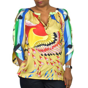 TIBI Silk Print Tunic Yellow Colorful Peacock Jeweled Studs Blue Cutouts Birds 6